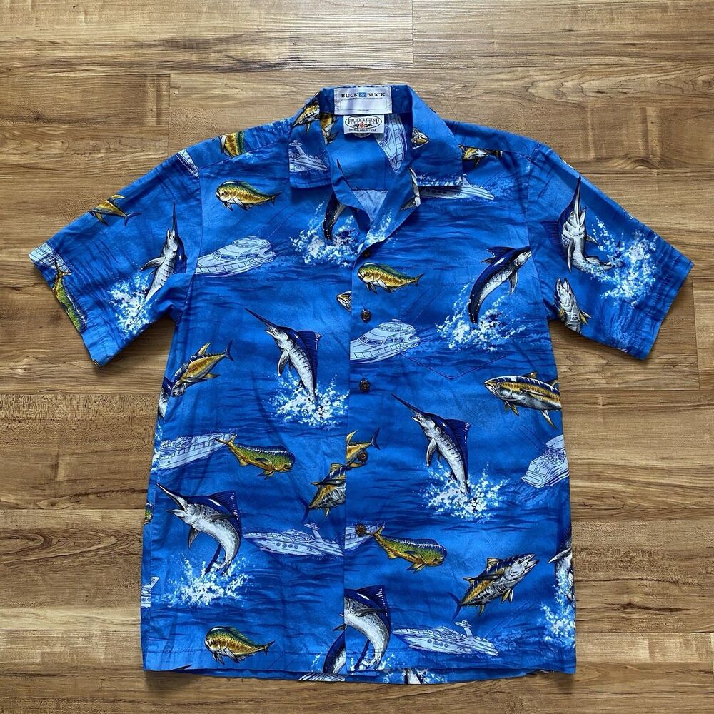 Pacific Legend Men M Blue Swordfish Yacht Hawaiian Aloha Adaptive Shirt Tropical